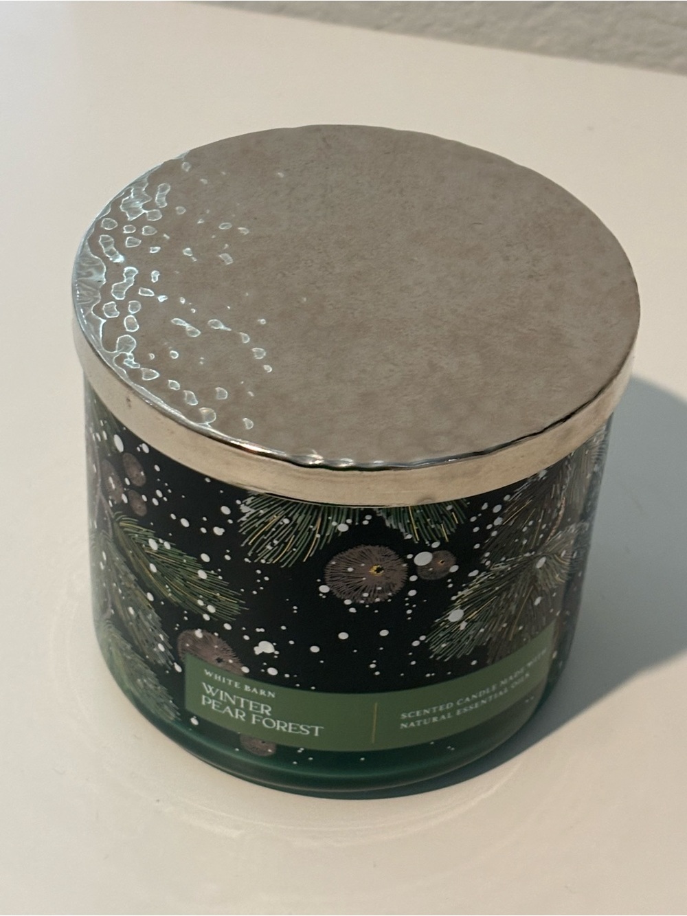 White Barn Green Winter Pear Forest Decorative Jar Candle with Silver Lid